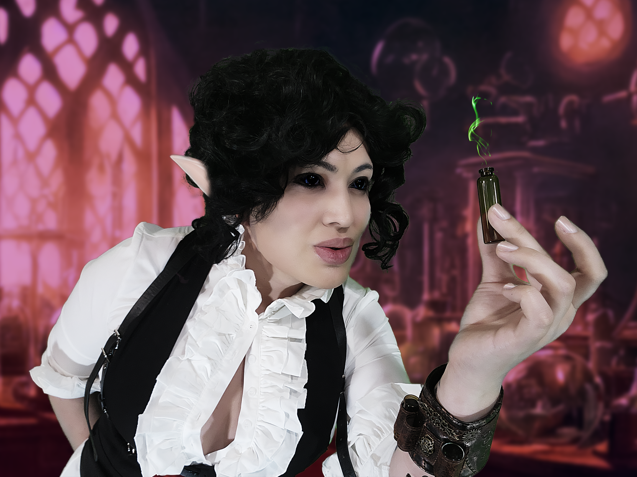 Nika portrays what appears to be an elf with black eyes, black hair and pale skin holds a vessel of a smoking fluid in a fantasy labratory.